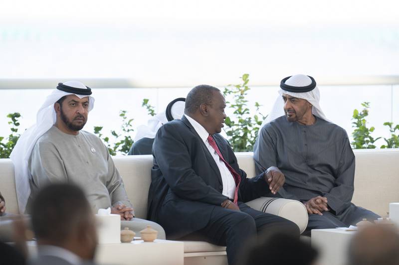 Sheikh Mohamed bin Zayed, right, Kenya's President Uhuru Kenyatta, centre, and Sheikh Hamdan bin Zayed, Ruler’s Representative in Al Dhafra Region, left, meet in Abu Dhabi.