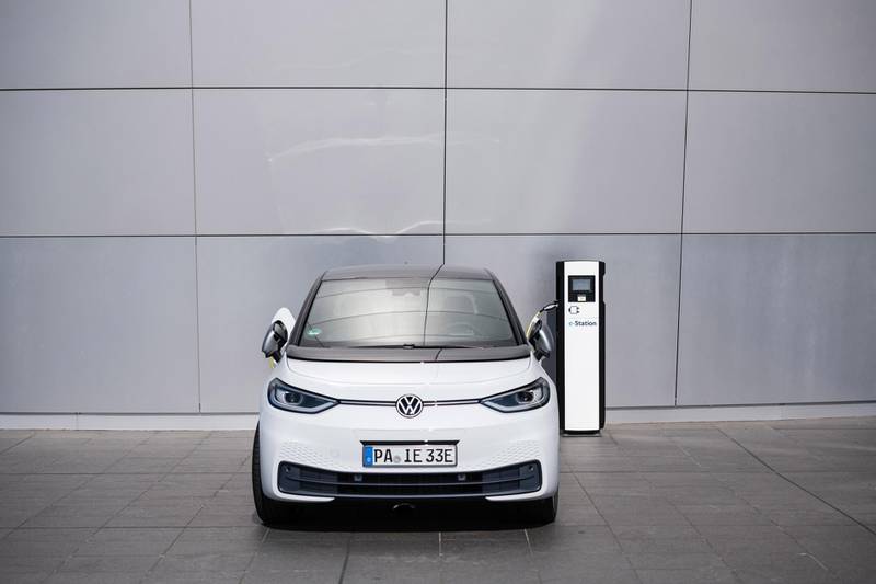 A Volkswagen ID.3 electric car is seen during the day of delivery of the first vehicles to German customers in Dresden, eastern Germany on September 11, 2020. - Volkswagen started delivering the ID.3 electric car to its first customers. According to its own information, Volkswagen has already sold around 25,000 cars across Europe. (Photo by Jens SCHLUTER / AFP)