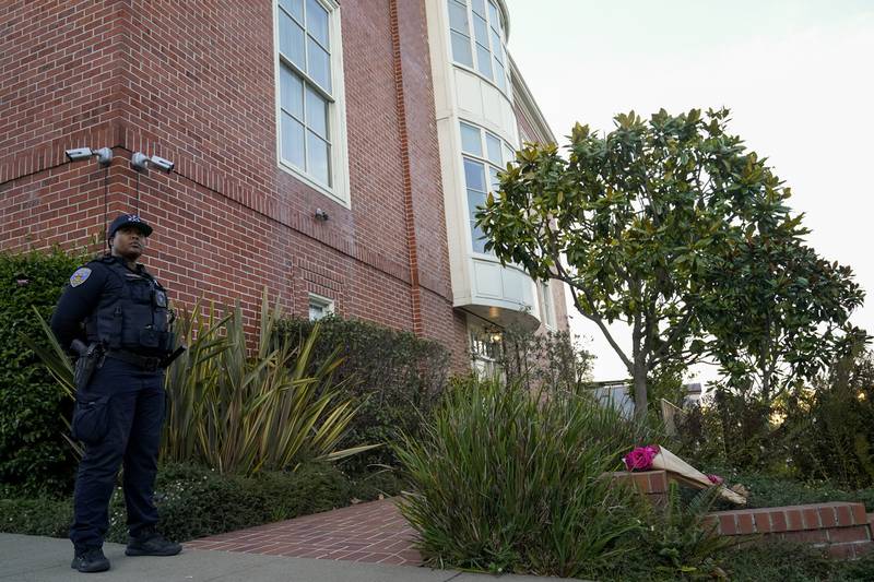 A police officer at the home of Paul Pelosi, husband of House Speaker Nancy Pelosi, in San Francisco on Friday. AP