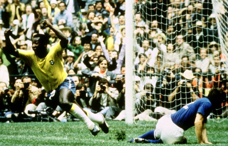 1970 World Cup, Mexico. Brazil's Pele celebrates after scoring the opening goal in the final between Brazil and Italy at the Estadio Azteca in Mexico City. Brazil won the game 4-1. Reuters