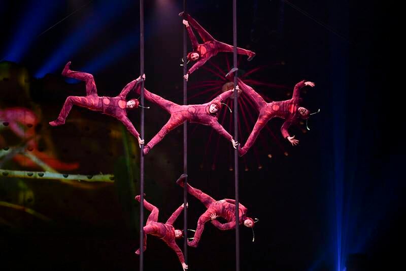 The first act is a group of Chinese pole dancers dressed as red ants 