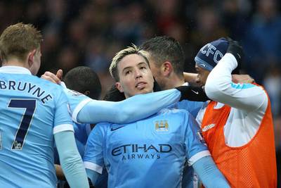 Samir Nasri of Manchester City celebrates scoring his team’s second goal with teammates during the Premier League match between Manchester City and West Bromwich Albion at the Etihad Stadium on April 9, 2016 in Manchester, England. (Photo by Jan Kruger/Getty Images)