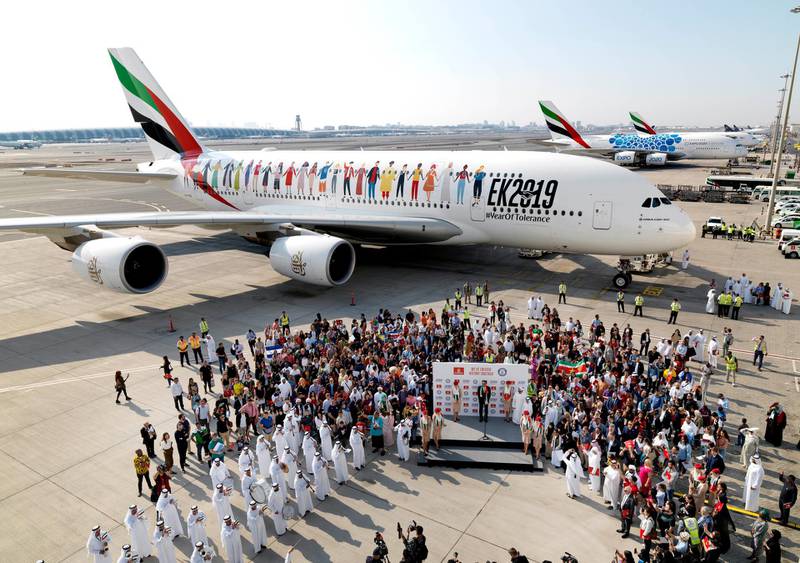 Over 540 volunteer passengers from 145 nationalities take off on Emirates flight EK2019, breaking the Guinness World Record for the most nationalities on an aircraft. The historic A380 flight marks UAE National Day and the UAE Year of Tolerance, and showcases the diversity and unity of the citizen and residents of the UAE. Courtesy Emirates