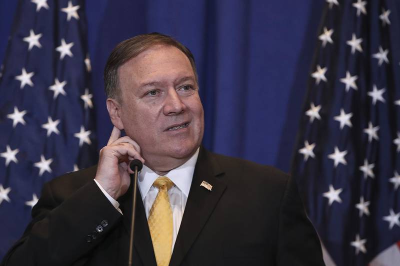 NEW YORK, NY - SEPTEMBER 26: U.S. Secretary of State Mike Pompeo speaks during a press conference on the sidelines of the United Nations General Assembly on September 26, 2019 in New York City. The Trump administration is under fire for a recent whistleblower complaint based on President Trump pressuring Ukraine President Volodymyr Zelensky to investigate leading Democrats as a favor to him during a recent phone conversation.   Drew Angerer/Getty Images/AFP
== FOR NEWSPAPERS, INTERNET, TELCOS & TELEVISION USE ONLY ==

