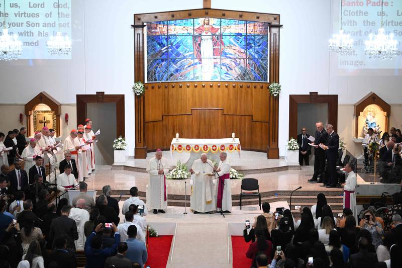 Pope Francis at the Sacred Heart Church in Manama on the final day of his Bahrain visit. AFP