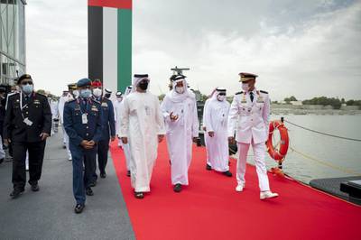 ABU DHABI, UNITED ARAB EMIRATES - February 21, 2021: HH Sheikh Hamed bin Zayed Al Nahyan, Member of Abu Dhabi Executive Council (3rd L) tours the International Defence Exhibition and Conference 2021 (IDEX), at ADNEC. Seen with HE Major General Essa Saif Al Mazrouei, Deputy Chief of Staff of the UAE Armed Forces (2nd R) and Rear Admiral Pilot HH Sheikh Saeed bin Hamdan bin Mohamed Al Nahyan, Commander of the UAE Naval Forces (R).

( Rashed Al Mansoori / Ministry of Presidential Affairs )
---