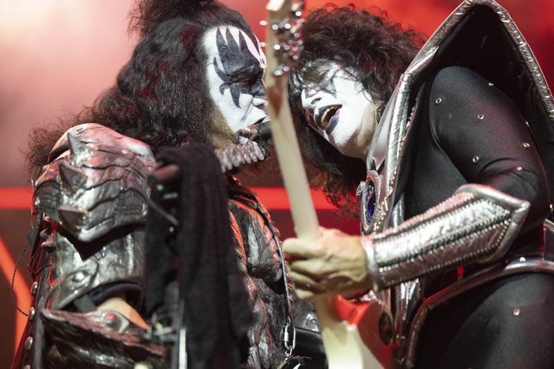 Gene Simmons, left, and Tommy Thayer of the US band Kiss perform at a concert in Cologne, Germany. AP