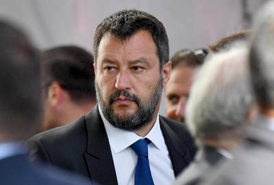 epa07772446 Italian Deputy Premier and Interior Minister Matteo Salvini arrives to attend a memorial ceremony for the victims on the first anniversary of the Morandi highway bridge collapse, in Genoa, northern Italy, 14 August 2019. The motorway bridge partially collapsed on 14 August 2018, killing 43 people.  EPA/LUCA ZENNARO