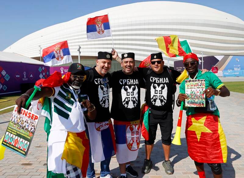 Cameroon and Serbia fans arrive for the Group G match at Al Janoub Stadium. EPA