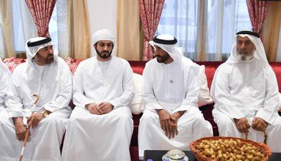 ABU DHABI, UNITED ARAB EMIRATES - July 02, 2018: HH Sheikh Nahyan Bin Zayed Al Nahyan, Chairman of the Board of Trustees of Zayed bin Sultan Al Nahyan Charitable and Humanitarian Foundation (2nd R) offers condolences to the family of the late Mubarak bin Garran Al Mansouri. 

( Abdullah Al Junaibi )
---