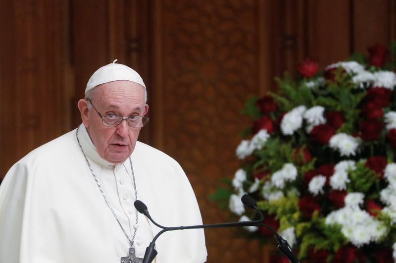 Pope Francis delivers a speech at the Presidential Palace in Baghdad. Reuters