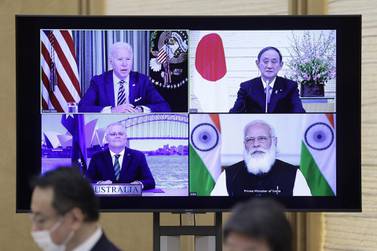 US President Joe Biden, Japanese Prime Minister Yoshihide Suga, Australian Prime Minister Scott Morrison and Indian Prime Minister Narendra Modi during their virtual meeting last week. Bloomberg