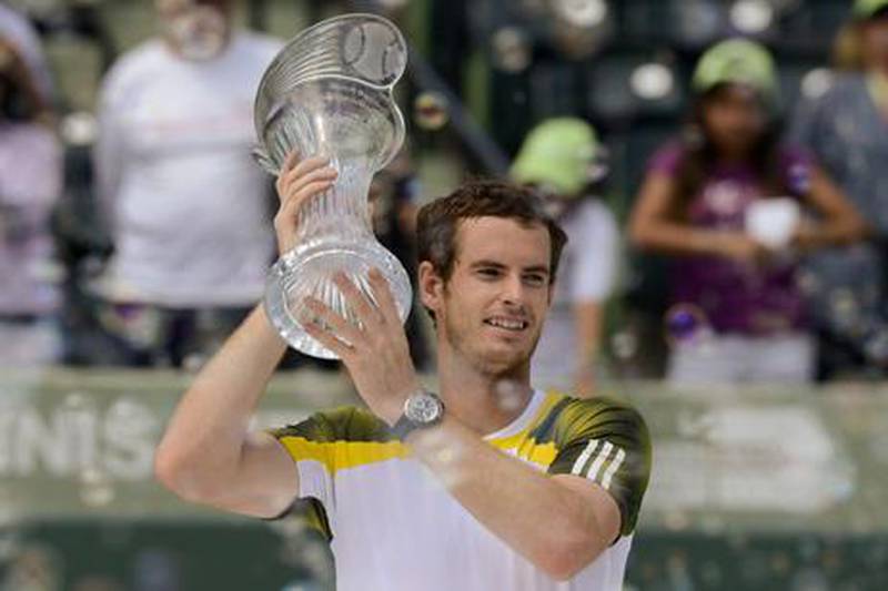 Andy Murray holds aloft the Sony Open trophy after his win over David Ferrer in Miami.