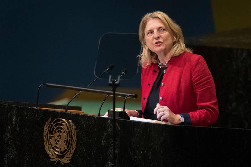 Austrian Foreign Minister Karin Kneissl addresses the United Nations General Assembly. AP Photo
