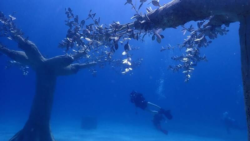 Divers swim near sculptures during the inauguration of the underwater museum in Ayia Napa.