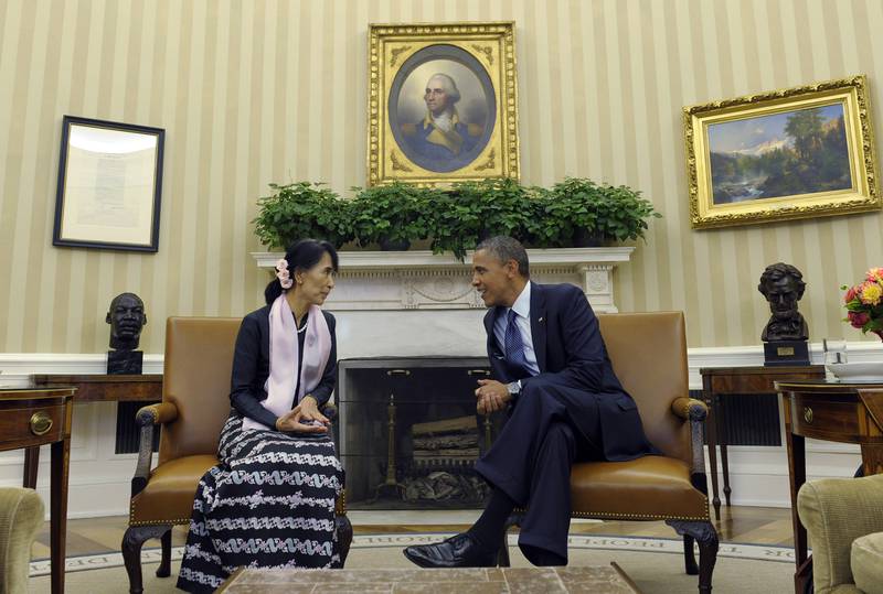 Former US president Barack Obama meeting Myanmar's Aung San Suu Kyi in the Oval Office of the White House in Washington on September 19, 2012.  AP