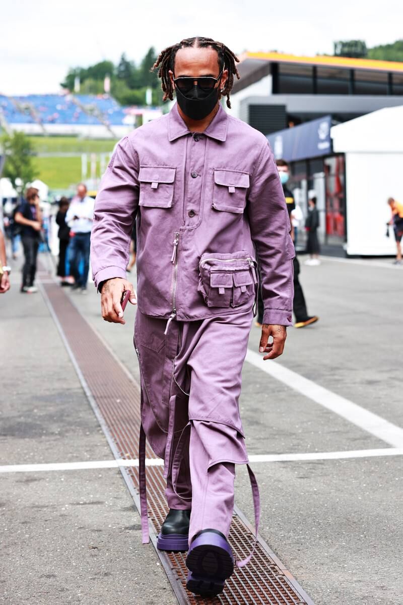 Lewis Hamilton, in a lilac Fendi cargo-style set with Bottega Veneta boots, ahead of the Austrian Grand Prix on July 02, 2021, in Spielberg. Getty Images