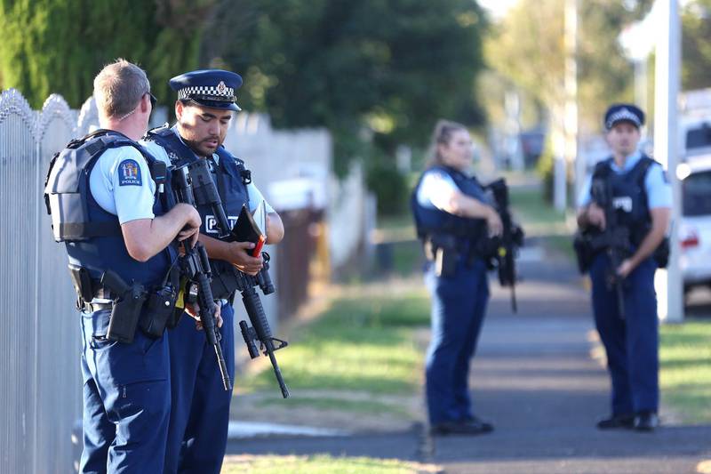 Armed police maintain a presence outside the Masijd Ayesha Mosque in Manurewa, Auckland. Getty Images