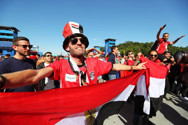 epa06810071 Egyptian fans react as they watch the FIFA World Cup 2018 group A preliminary round soccer match between Egypt and Uruguay at the FIFA fan zone in Moscow, Russia, 15 June 2018.  EPA/ZURAB KURTSIKIDZE