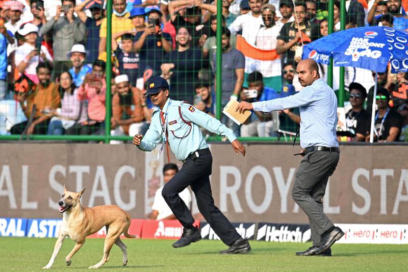 Security personnel try to remove a stray dog that entered the ground at the Arun Jaitley Stadium in New Delhi. AFP