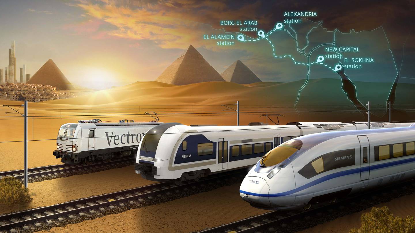 A Siemens digital image showing three of the trains and the proposed route in Egypt. Courtesy: Siemens AG