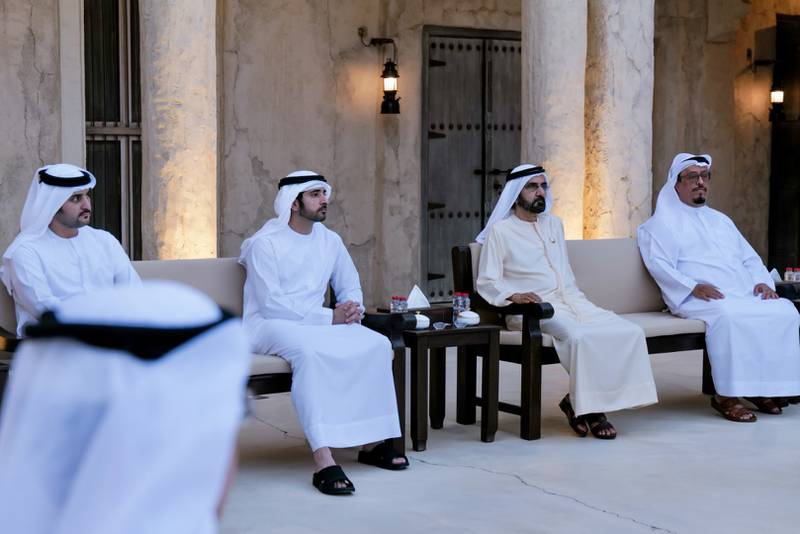 Sheikh Mohammed was joined by Sheikh Hamdan bin Mohammed, Crown Prince of Dubai, second left, Sheikh Maktoum bin Mohammed, Deputy Prime Minister and Minister of Finance, left, and other sheikhs and officials.