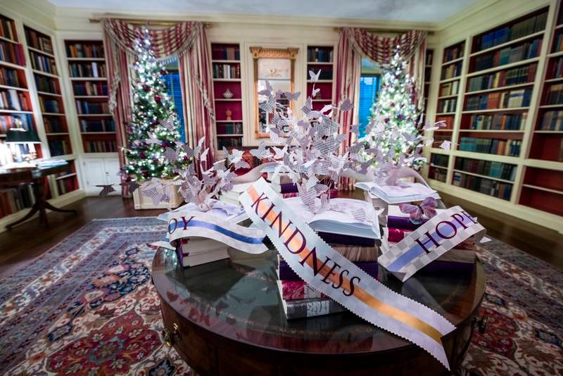 The Library during a press preview of the 2021 holiday decor at the White House. EPA