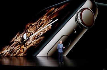 Jeff Williams, Apple's chief operating officer, explaining the Apple Watch Series 4 during its launch in Cupertino. AP
