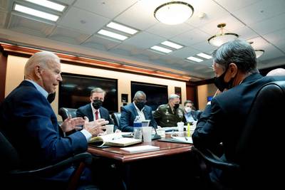 US President Joe Biden speaks to his national security team during a briefing on Afghanistan at the White House. AFP