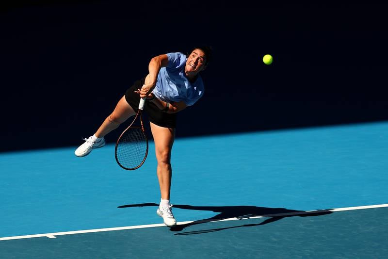 Ons Jabeur serves during a practice session at Melbourne Park on January 11, 2023 in Melbourne, Australia ahead of the 2023 Australian Open. Getty