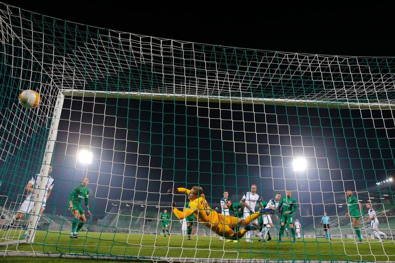Harry Kane of Tottenham Hotspur scores his sides first goal during the Europa League match against Ludogorets. Getty