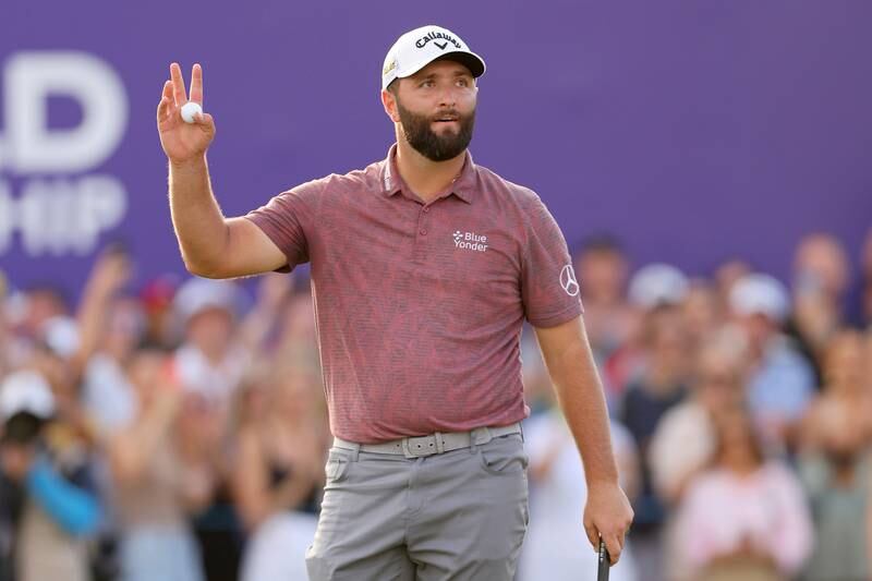 Jon Rahm of Spain celebrates on the 18th green after winning the DP World Tour Championship on the Earth Course at Jumeirah Golf Estates in Dubai on November 20, 2022. Getty