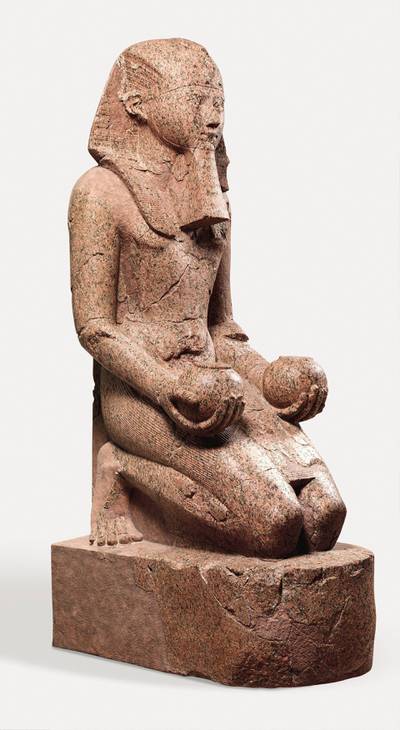 Large Kneeling Statue of Hatshepsut, New Kingdom, Dynasty 18, ca. 1479-1458 B.C., From Egypt, Upper Egypt, Thebes, Deir el-Bahri, Senenmut Quarry, 1927-28, Granite, H. 261.5 cm (102 15/16 in.); W. 80 cm (31 1/2 in.); D. 137 cm (53 15/16 in.), On the upper terrace of Hatshepsut's temple at Deir el-Bahri, the central sanctuary was dedicated to the god Amun-Re, whose principal place of worship was Karnak temple, located across the Nile, on the east bank of the river. (Photo by: Sepia Times/Universal Images Group via Getty Images)