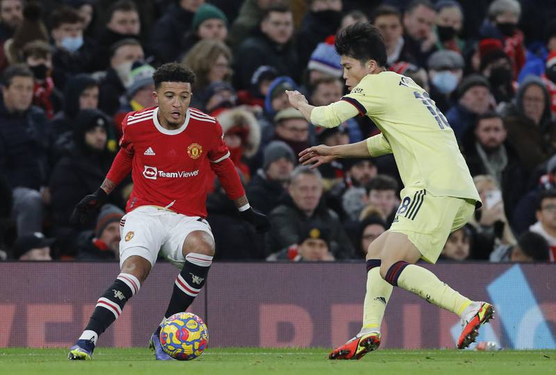 Jadon Sancho - 7: Confident start but work cut out in his tussles with Tomiyasu. Pass to Fred which led to United’s penalty. Busy last 10 minutes with one surging run out of defence with the ball and also broke to set up Fernandes. Reuters