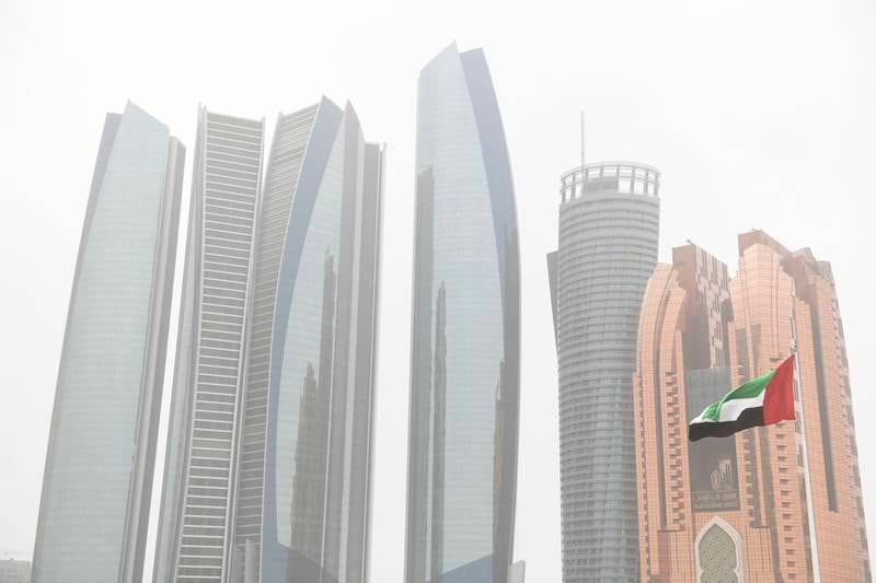 Etihad Towers, Conrad Hotel, Grand Hyatt and Bar Al Qasr amid the overcast weather in Abu Dhabi. Khushnum Bhandari / The National