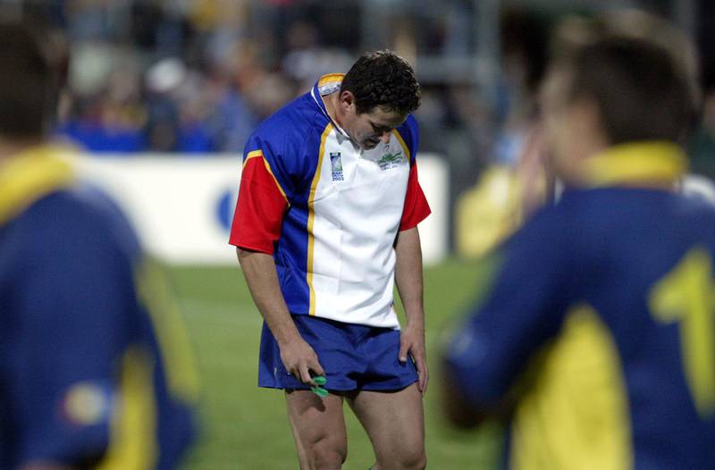 Namibia's Rudi van Vuuren shows his disappointment after losing to
Romania in their pool A match of the Rugby World Cup 2003 at York Park
in Launceston October 30, 2003. Romania won 37-7. REUTERS/Simon Baker

SB/CRB