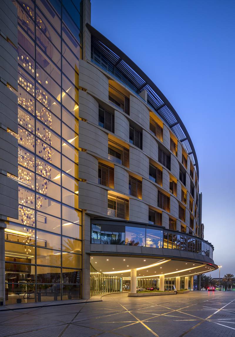 The exterior of the hotel at night