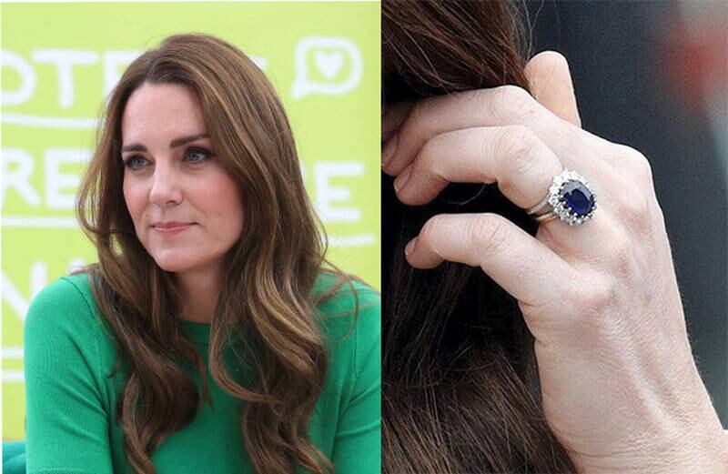 Kate Middleton, Duchess of Cambridge's sapphire ring surrounded by diamonds, which previously belonged to Princess Diana