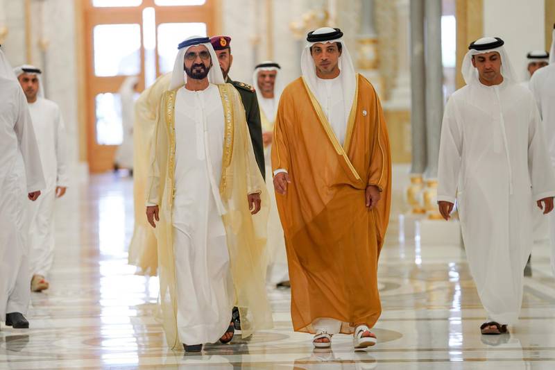 ABU, DHABI, 2nd September, 2019 (WAM) -- Two new UAE Ambassadors to brotherly and friendly countries were sworn in on Monday before His Highness Sheikh Mohammed bin Rashid Al Maktoum, Vice President, Prime Minister and Ruler of Dubai, at Qasr Al Watan (Al Watan Palace) in Abu Dhabi. Shown with H.H. Sheikh Mansour bin Zayed Al Nahyan, Deputy Prime Minister and Minister of Presidential Affairs. Wam