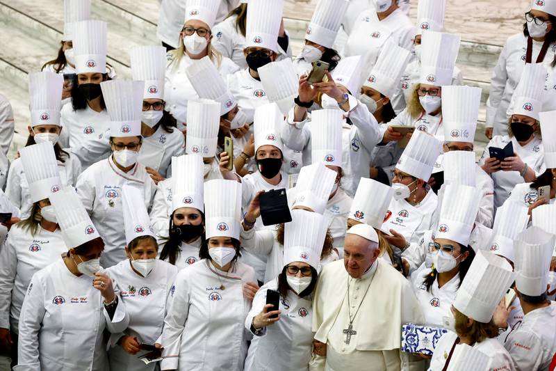 Pope Francis with members of the Italian Chefs Federation during the weekly general audience at the Vatican, in March. Reuters