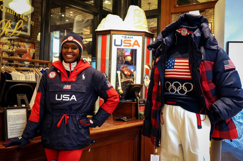 US Winter Olympic bobsledder Aja Evans wears Polo Ralph Lauren items designed for the US Winter Olympic Team at the company's store in New York City. Reuters