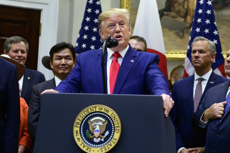 U.S. President Donald Trump speaks during a signing ceremony for the U.S.-Japan Trade Agreement and U.S.-Japan Digital Trade Agreement in the Roosevelt Room of the White House in Washington, D.C., U.S., on Monday, Oct. 7, 2019. The U.S. and Japan signed a limited trade deal intended to boost markets for American farmers and give Tokyo assurances, for now, that Trump won't impose tariffs on auto imports. Photographer: Ron Sachs/CNP/Bloomberg
