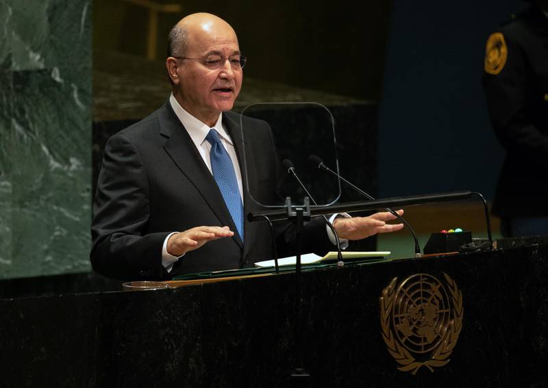 Barham Salih, Iraq's president, speaks during the UN General Assembly meeting in New York, U.S. During a meeting on the sidelines of the UNGA, President Trump and Salih discussed how best to enhance U.S.-Iraq partnerships in security, trade and energy. Bloomberg