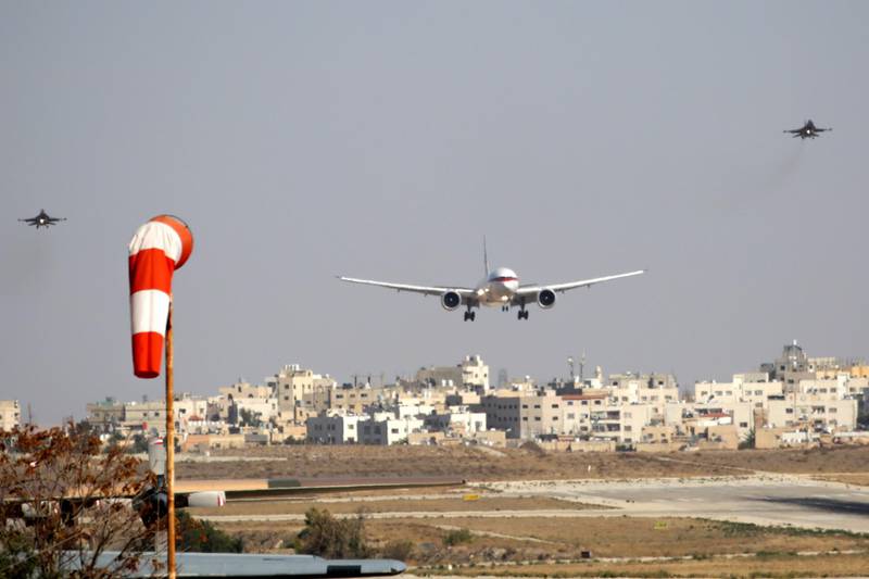 The plane of Sheikh Mohamed bin Zayed is escorted by Fighter Jets as it arrives in Amman. Andre Pain / EPA
