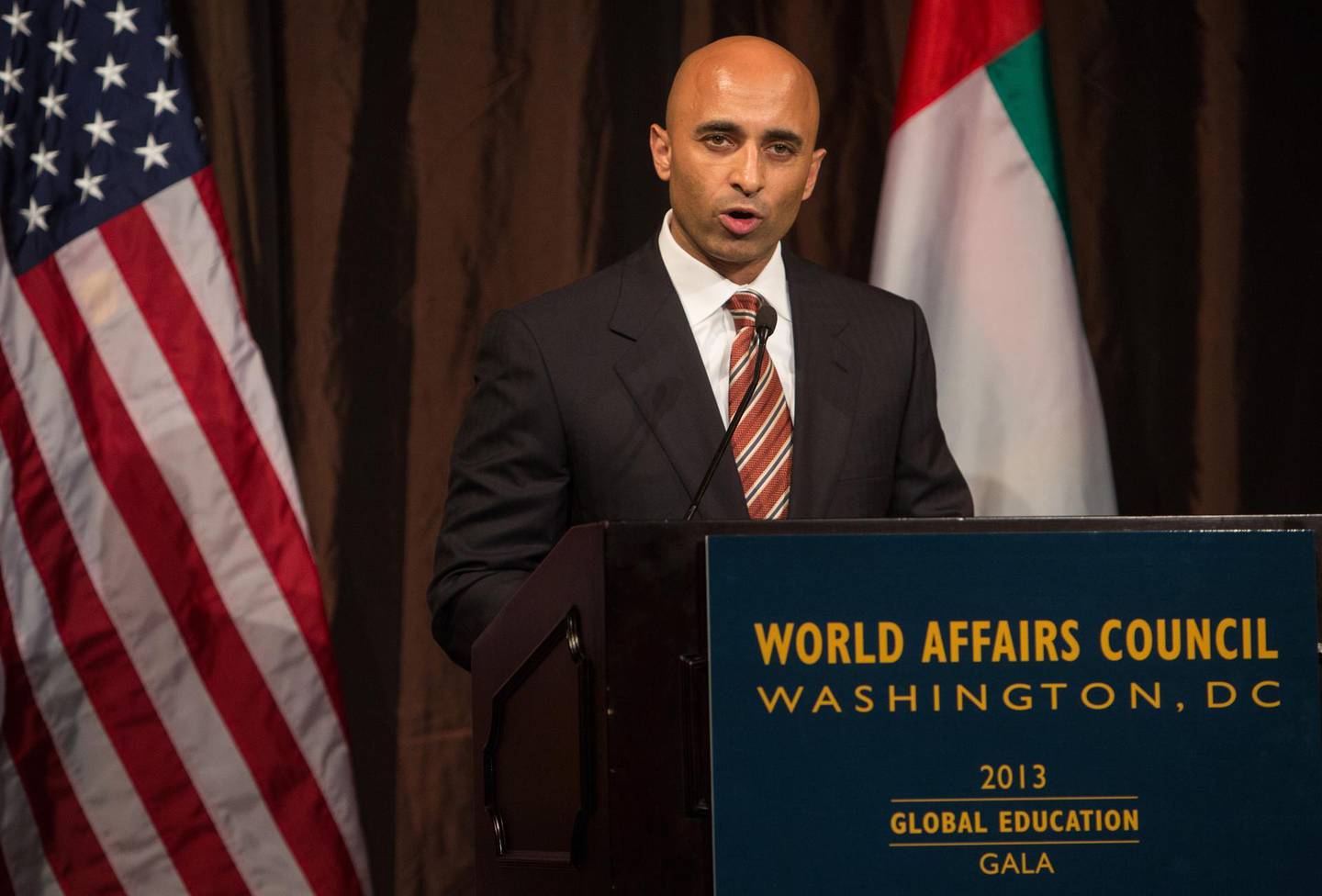 UAE Ambassador to the United States,  Yousef al Otaiba, accepts the distinguished diplomatic service award, at the World Affairs Council Global Education Gala, in Washington, DC, March 7, 2013.