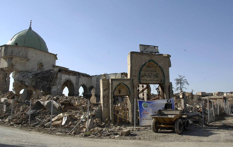 A view of the destroyed al-Nuri mosque is seen in the old city of Mosul in northern Iraq on April 23, 2018.
The United Arab Emirates and Iraq launched a joint effort to reconstruct Mosul's Great Mosque of al-Nuri and its iconic leaning minaret, ravaged last year during battles to retake the city from jihadists. During the ceremony at Baghdad's National Museum, UAE Culture Minister Noura al-Kaabi said her country would put forward $50.4 million (41.2 million euros) for the task. 
 / AFP PHOTO / Zaid al-Obeidi