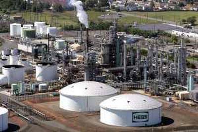 A Hess Corp. oil refinery is shown in this aerial photo of Sept. 8, 2008 in Port Reading, N.J. The refinery produces gasoline and other fuels. (AP Photo/Mark Lennihan)