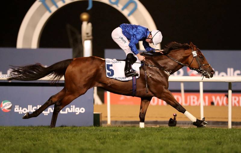 DUBAI , UNITED ARAB EMIRATES , MARCH 31  – 2018 :- Benbatl  (GB ) ridden by Oisin Murphy    ( no 5  ) won the 7th horse race Dubai Turf 1800m turf during the Dubai World Cup held at Meydan Racecourse in Dubai. ( Pawan Singh / The National ) For News/Sports. Story by Amith
