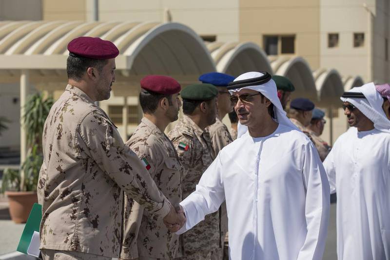 Sheikh Hazza greets military officers at the Seih Hafair Camp. With him is Sheikh Nahyan bin Zayed, Chairman of the Board of Trustees of the Zayed bin Sultan Al Nahyan Charitable and Humanitarian Foundation. Ryan Carter / Crown Prince Court - Abu Dhabi