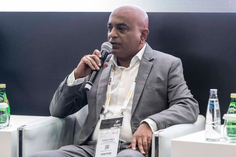 Pramod Challa of the General Directorate of Dubai Civil Defence discusses the practicalities of the Dubai building fire code at Intersec 2023. Antonie Robertson/The National


